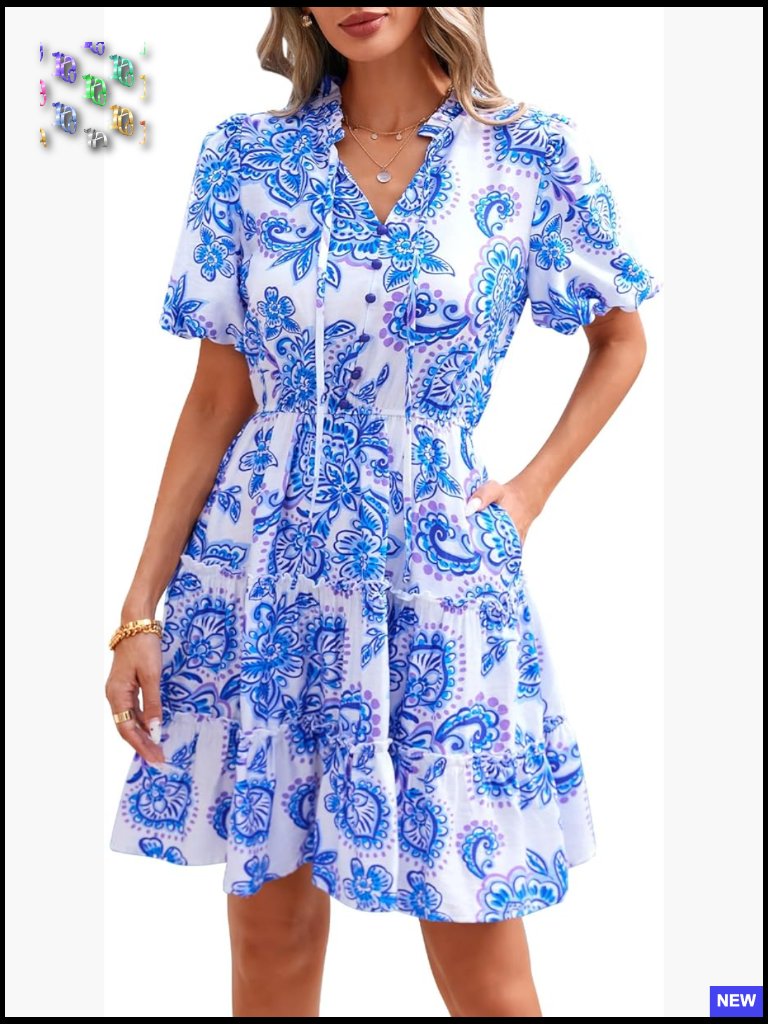 Boho Floral V-Neck Tiered Ruffle Swing Dress A-Line Mini Casual Summer